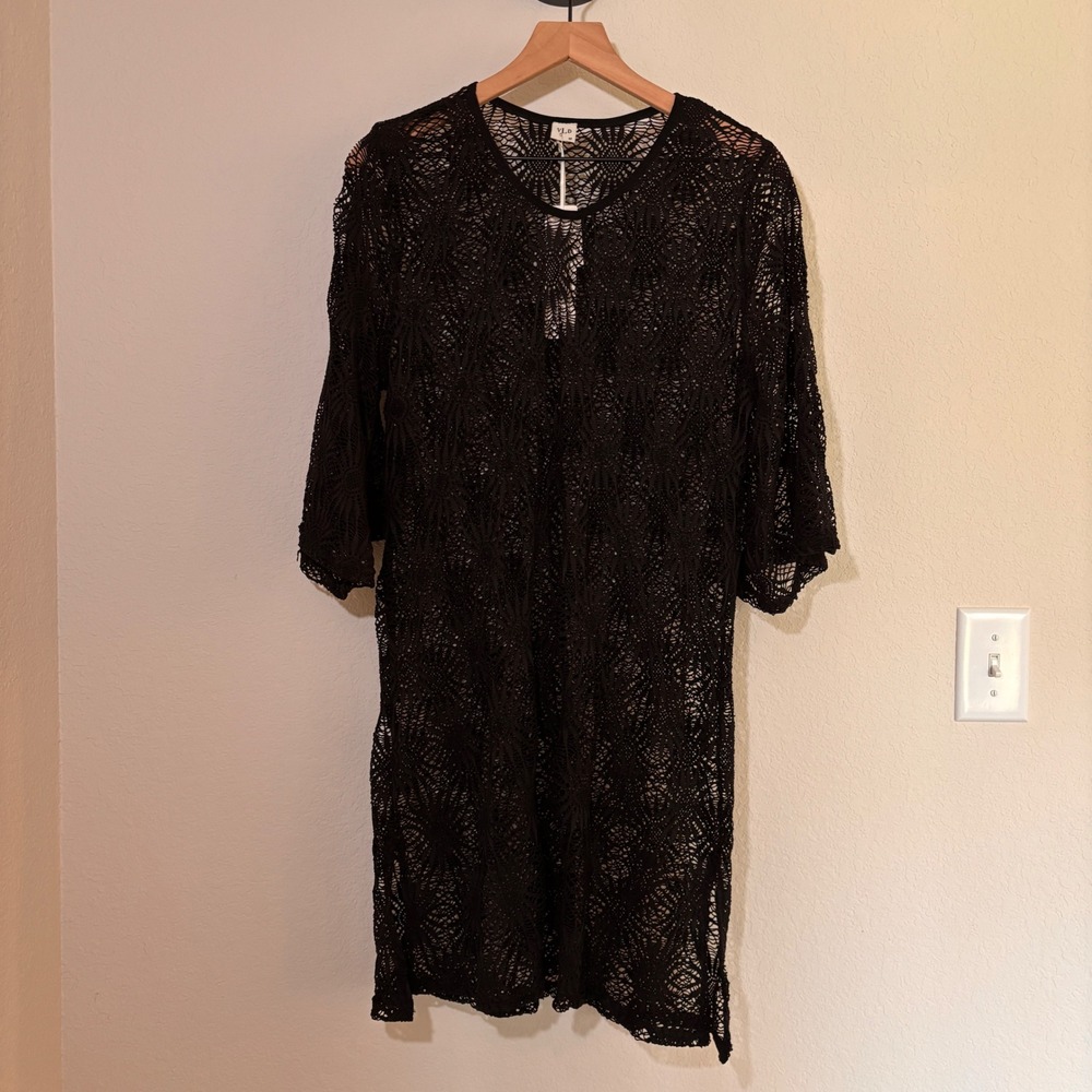 VLD Swim Cover Up Dress Medium Crochet Lace Knit Black Boho Festival Resortwear